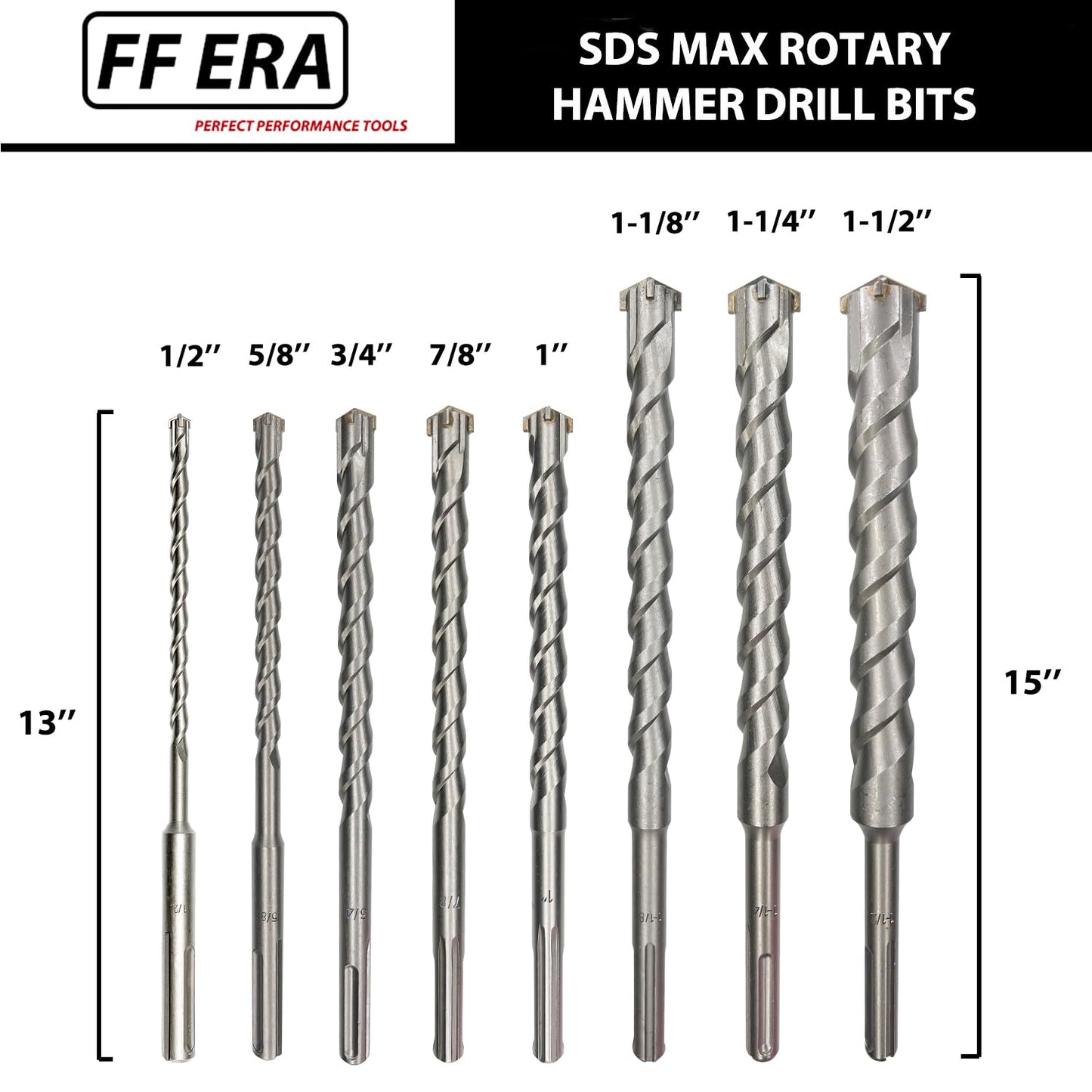 FF ERA SDS MAX Rotary Hammer Drill Bits – U-Flute - Masonry Drill Bits - Carbide Tipped for Brick, Stone, Concrete - 1/2'' 3/4'' 5/8'' 7/8'' 1'' x 13'', 1-1/8'' 1-1/4'' 1-1/2'' x 15'' (8-Piece Set)