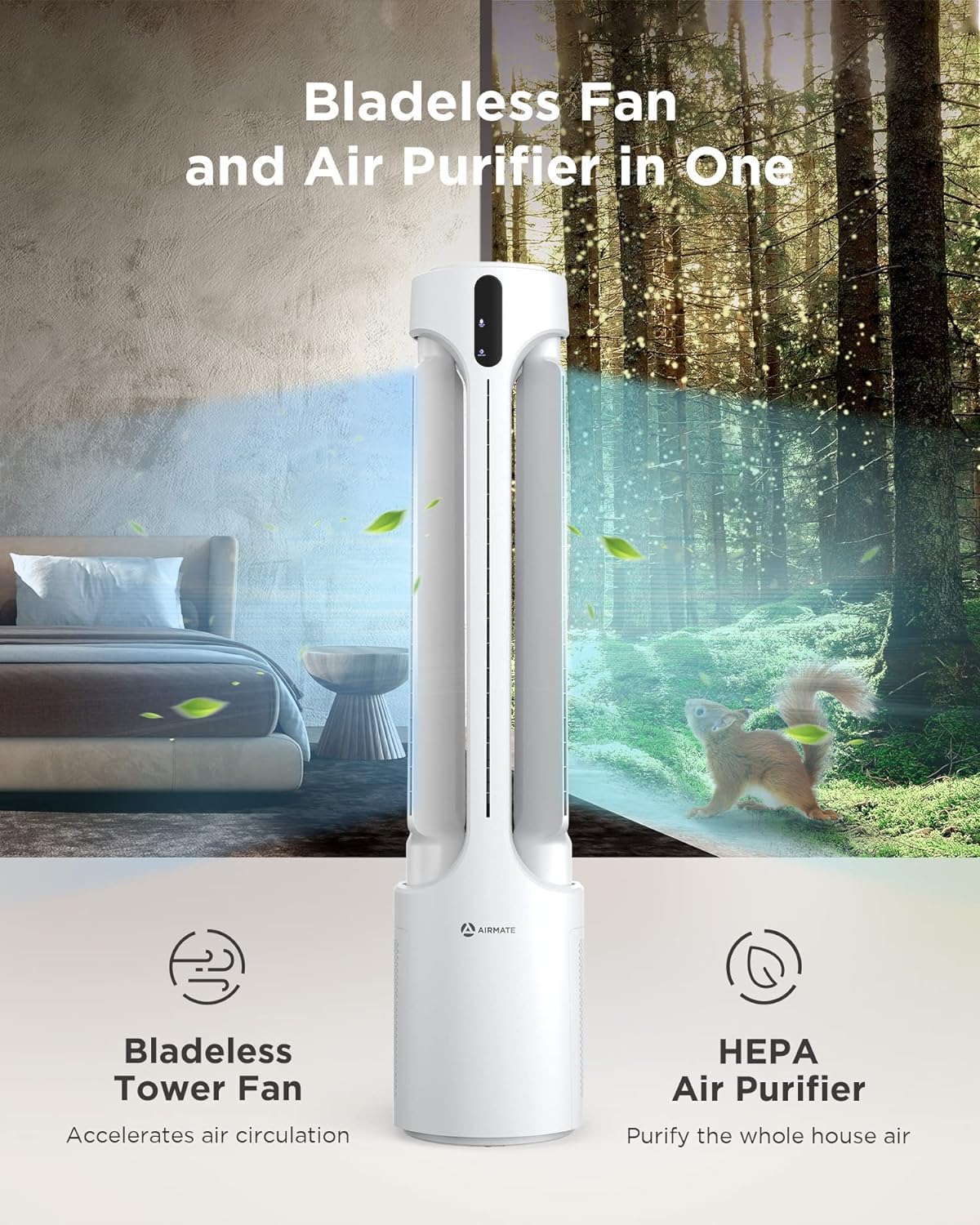 AIRMATE Air Purifier Bladeless Tower Fans, 1500CFM Large Air Volume, 45" 2-in-1 Standing Fan for Bedroom & Home, 28ft/s Velocity, 90° Oscillation, 24H Timer, Low Noise, White