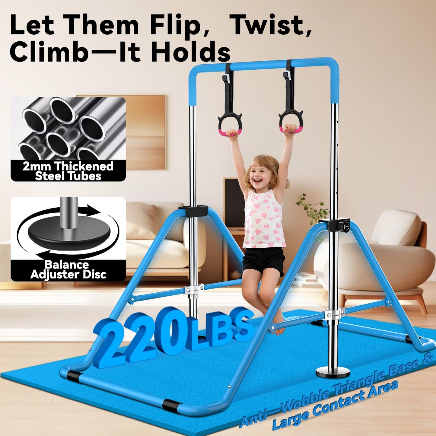 WATBKHE Gymnastics Bar for Kids Adjustable & Foldable Training Kip Bar with Rings, Sturdy Horizontal Bar for Boys & Girls, Expandable Gymnastics Equipment for Home Practice Blue