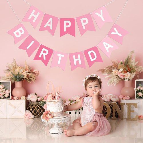 Happy Birthday Banner - Pre-Strung Party Decoration for All Ages | Pink Hanging Sign