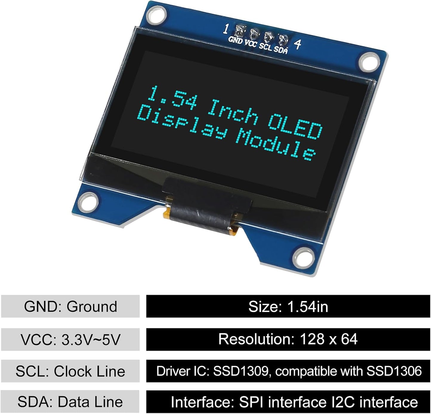 Coliao 1.54 Inch 12864 128x64 SSD1309 I2C 4 OLED Module Driver IIC Serial Interface Self-Luminous Display Board