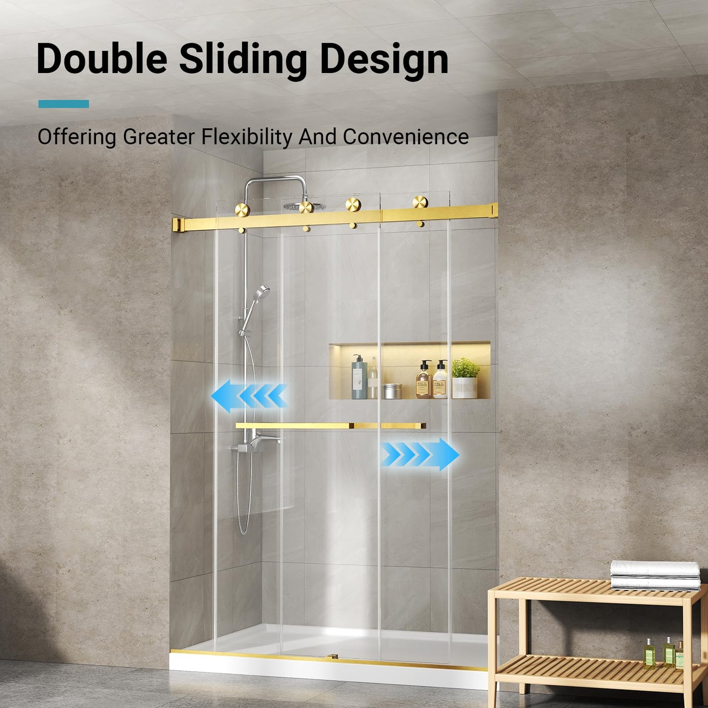 56"-60" W x 76" H Frameless Shower Door, 3/8" (10mm) ANSI Certified Tempered Glass, Double Sliding Bypass, Stainless Steel, Brushed Gold