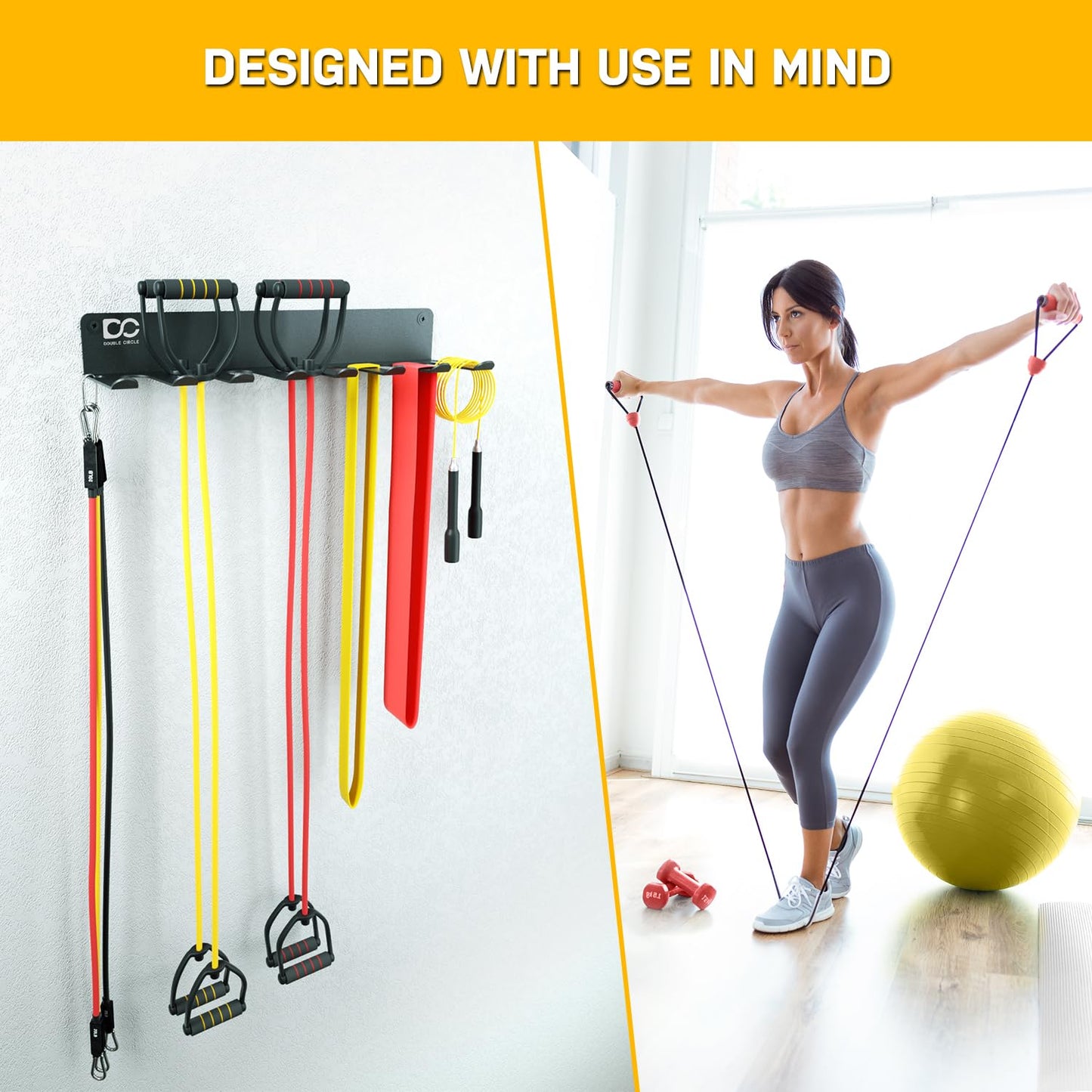 Double Circle Gym Equipment Storage Rack - Multi Purpose Gym Equipment Wall Rack Hanger for Pro Home Gym Storage for Exercise Bands, Barbell Bar, Jump Ropes, Chains, Lifting Belts