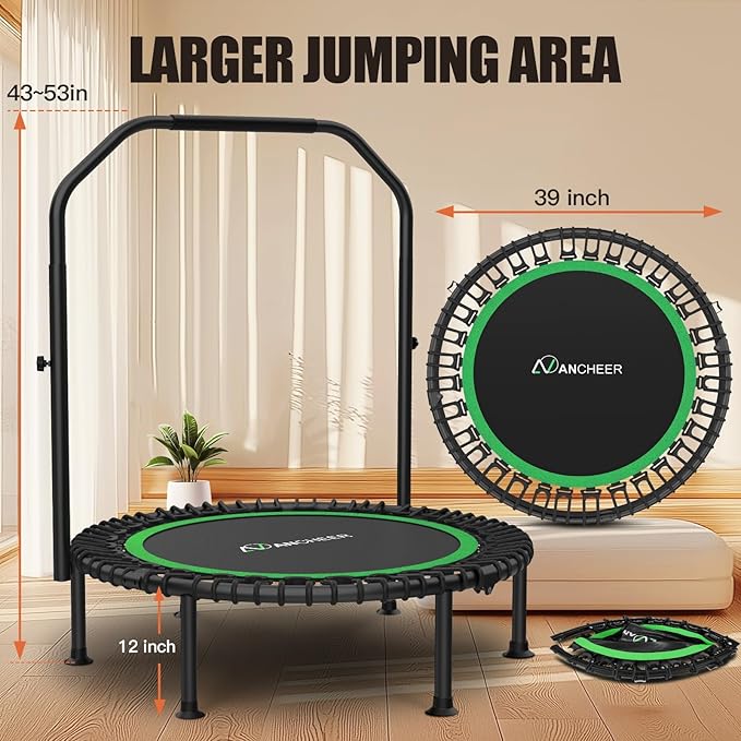 Bungee Rebounder Trampoline,ANCHEER 40" Foldable Fitness Trampoline with 4-Level Adjustable Handlebar, 450LBS Capacity, Resistance Ropes&Upgraded Bungees Safe for Home/Cardio,Workout Indoor/Outdoor