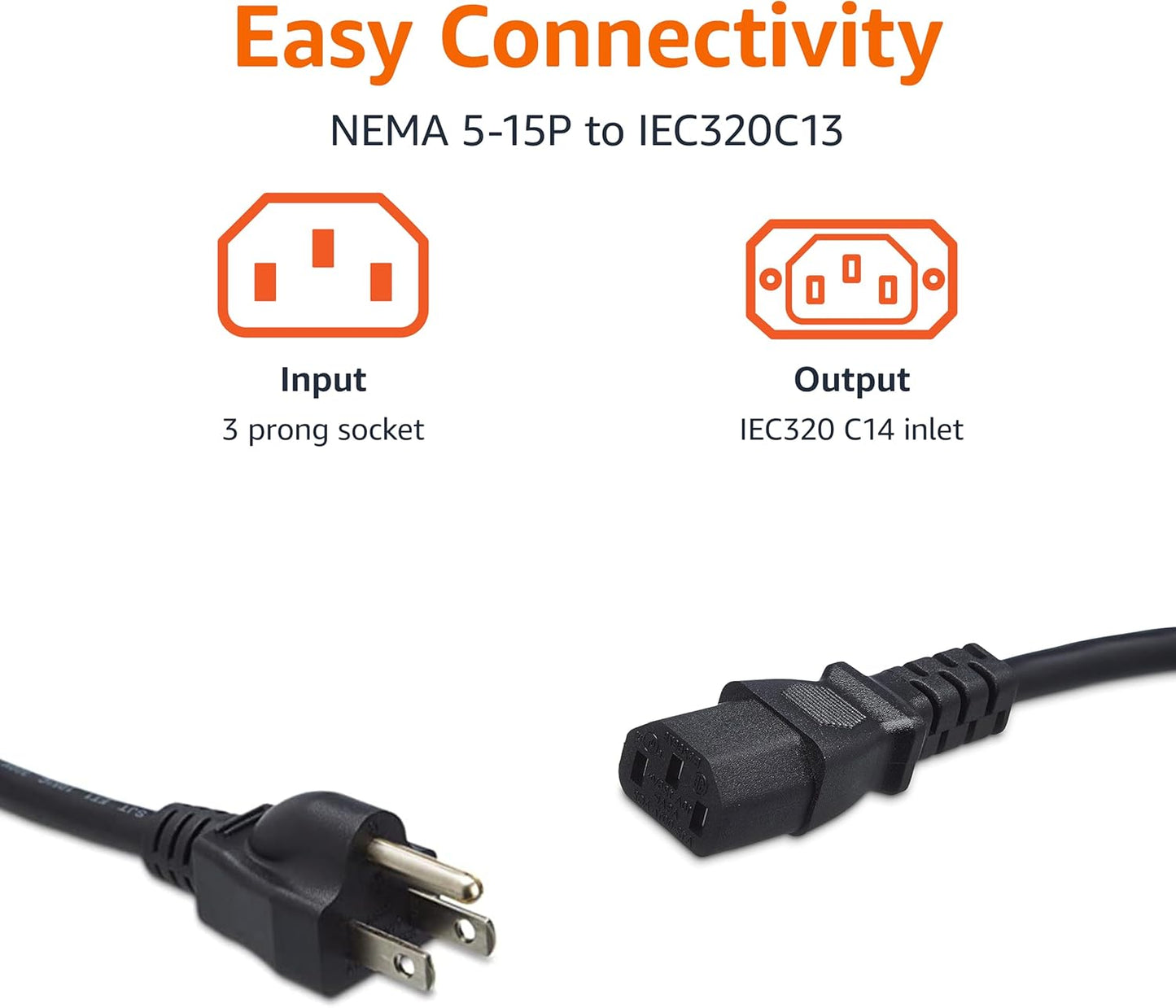 Amazon Basics 25 5-15P IEC320C13, 3 18 125 Universal PC Power Cable, Feet, NEMA to Prong Plug, AWG, Volts, UL Listed