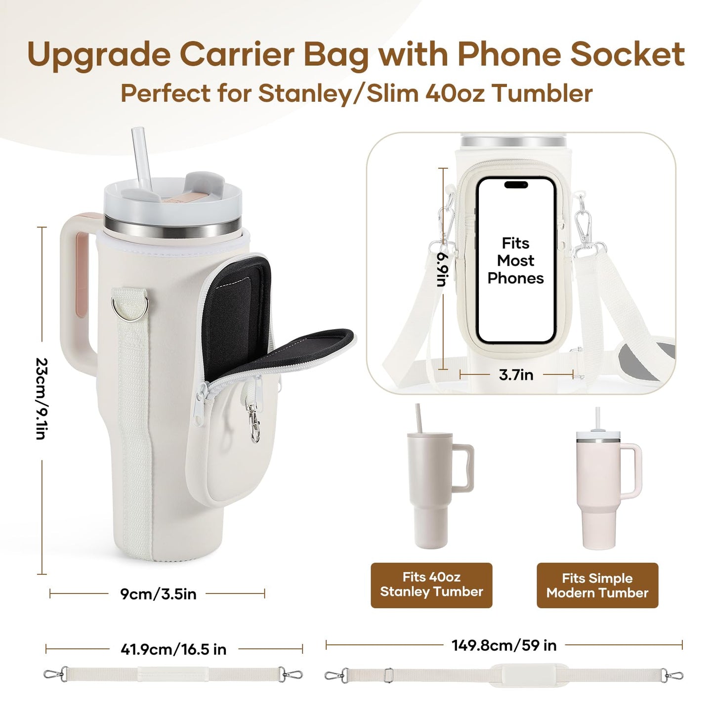 linmaya Water Bottle Carrier Bag for Stanley Cup 40/30oz with Phone Holder Pockets,Neoprene Water Bottle Cross-body Bag with Adjustable Shoulder & Hand Strap Stanley Cup Accessories