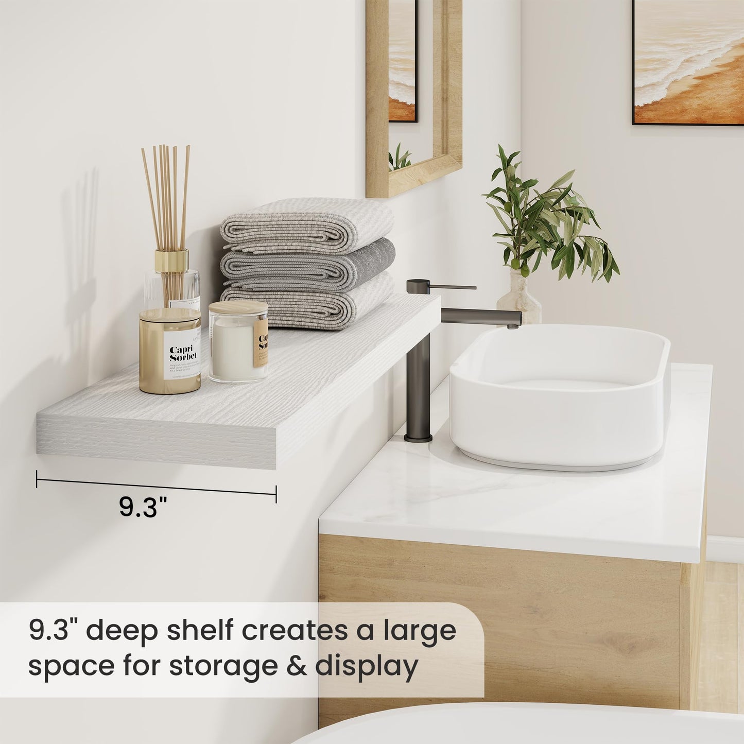 Fun Memories 9.3Inch Deep Floating Shelves for Wall, 32 Inch Rustic Wood Wall Mounted Shelves for Bathroom, Bedroom, Kitchen, Deep Floating Shelf for Storage & Home Decor (White, Set of 2)