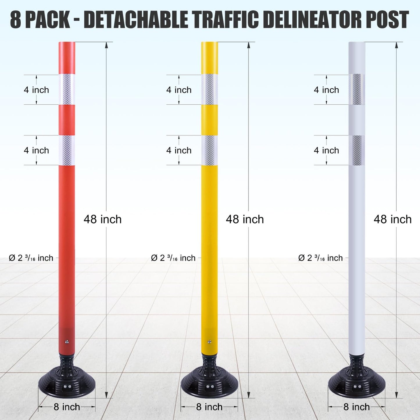 8 Pack Traffic Delineator Post Cones, High Visibility 3M Reflective Tapes, Flexible Spring Post with Detachable Base, for Highway Road Safety, Garage, Parking Lot (Yellow, 48")