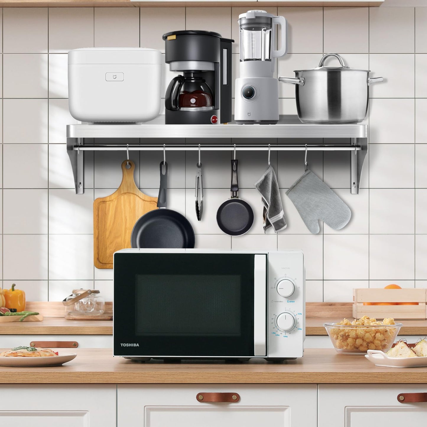 Commercial Stainless Steel Shelf 36" x 12" - 250lb Load Capacity, Heavy Duty Stainless Steel Wall Mounted Kitchen Shelf with Backsplash & 6 Hooks for Restaurant, Laundry