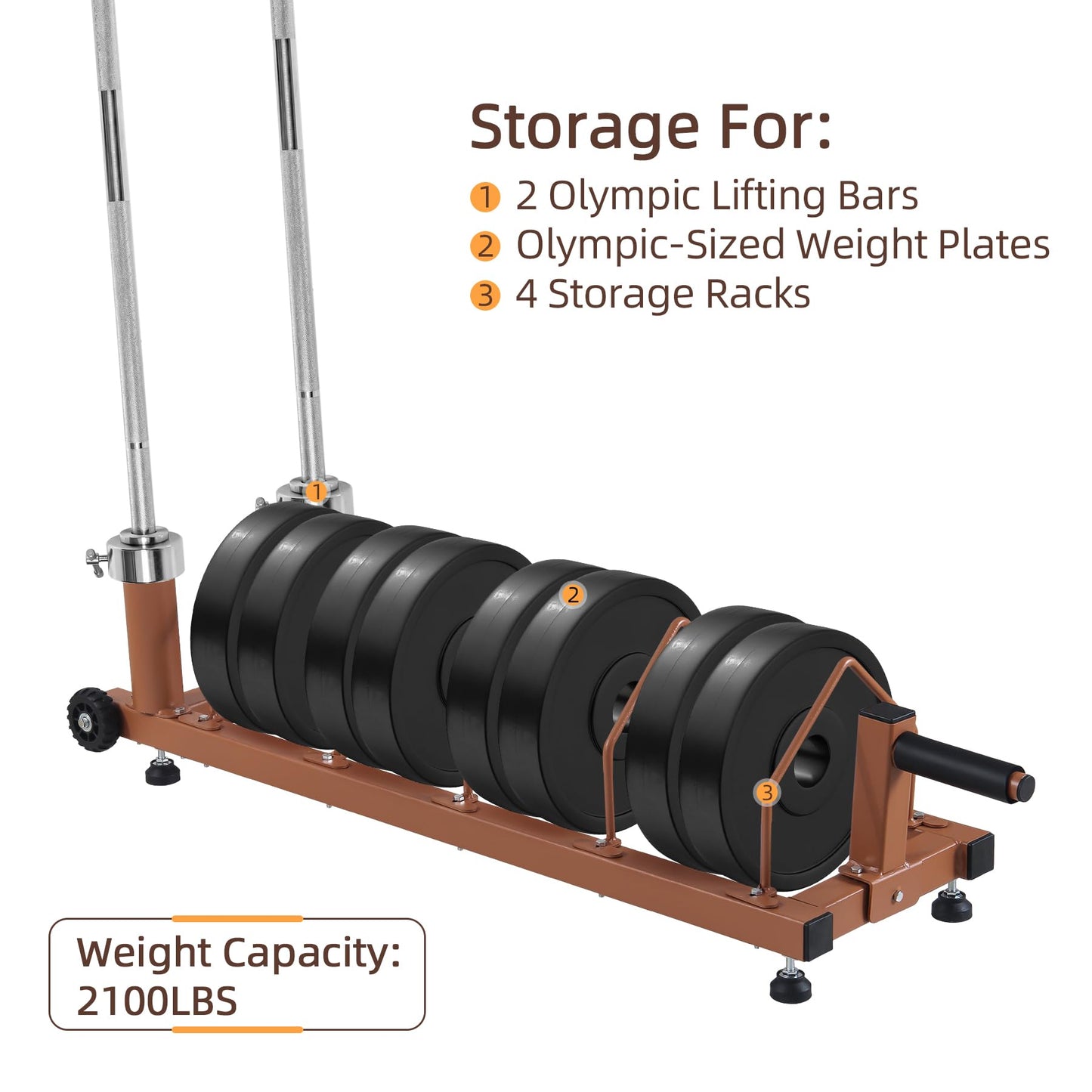 Olympic Barbell Plate Organizer with Steel Frame for home or gym,Horizontal Plate with Handle and Wheels, 300LBS Capacity, Brown