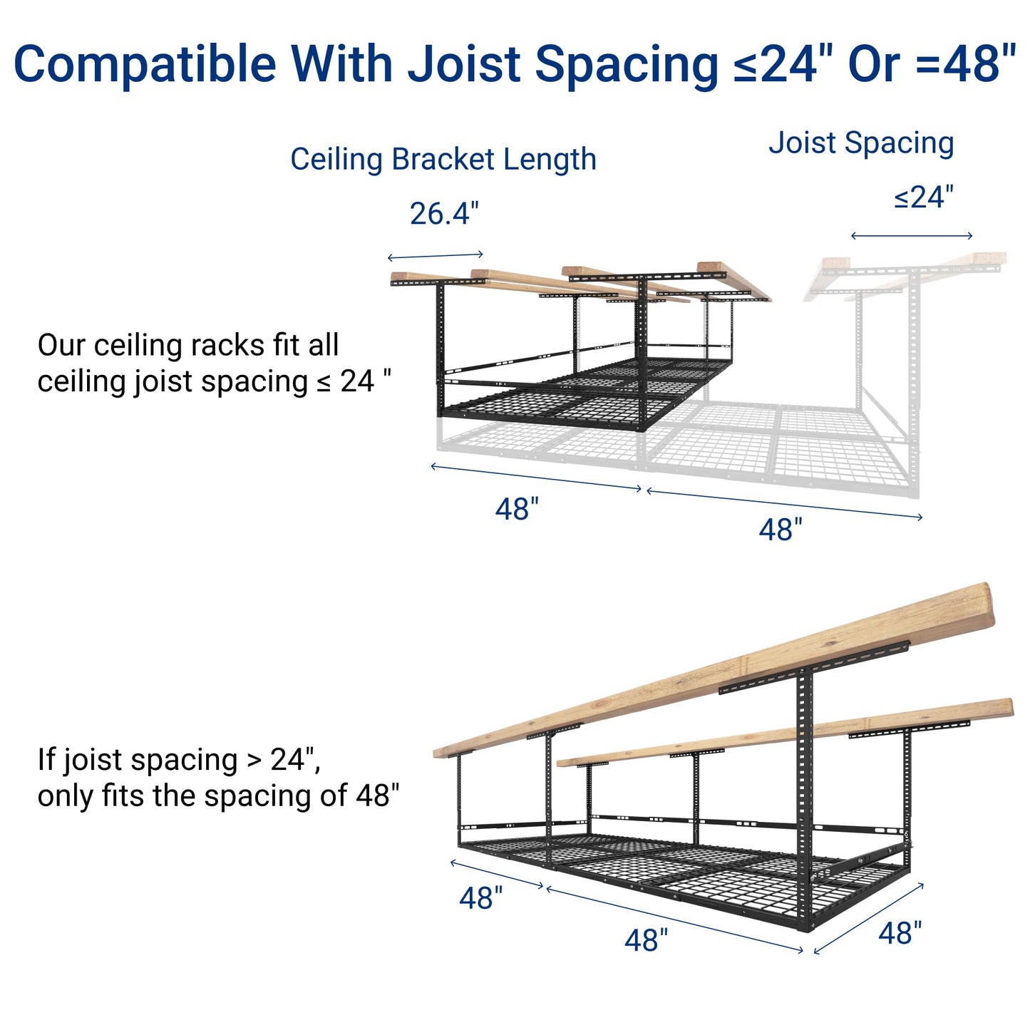 FLEXIMOUNTS 4x8 Overhead Garage Storage Rack with Safety Rails, Adjustable Ceiling Storage System, Heavy Duty Metal Garage Shelf, 750 lbs Capacity, 22–40" Height, Black, Classic Series