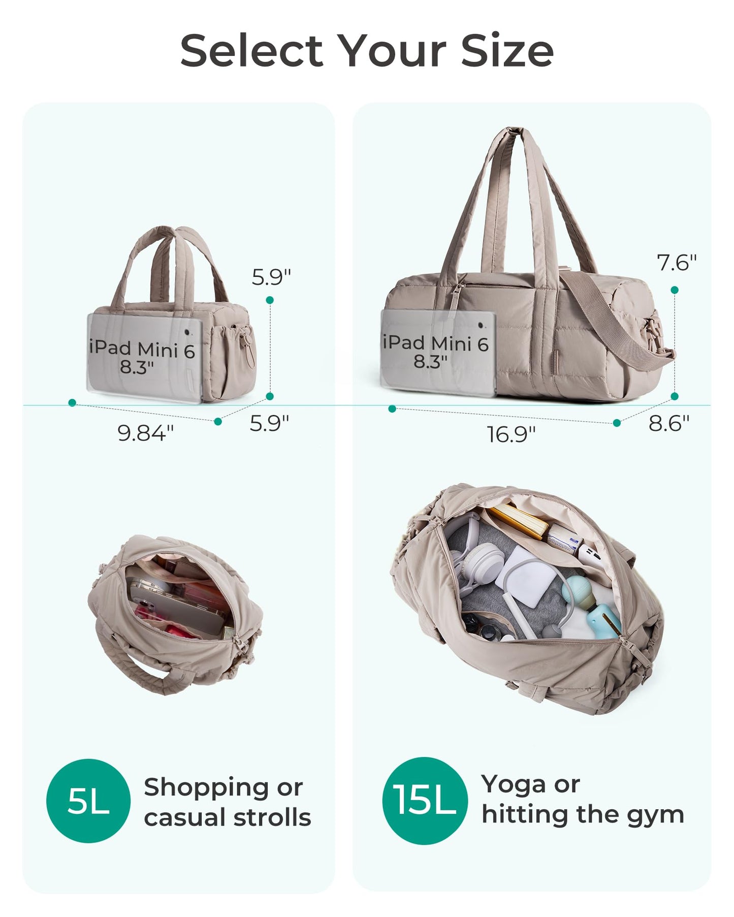 BAGSMART Reiki Gym Bag for Women, Mini/Medium Crossbody Bags for Women, 5L Dance Bag with Detachable Strap, 15L Yoga Mate Bag with Wet & Dry Pocket