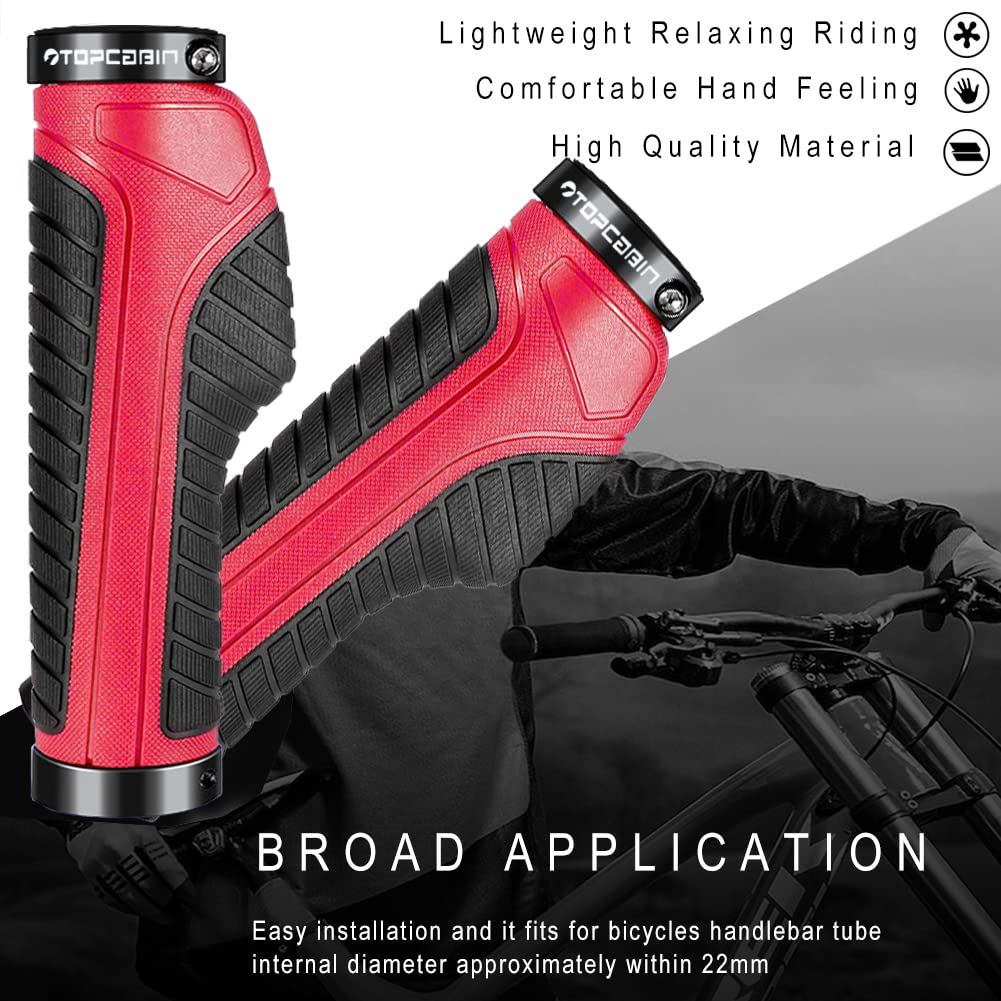 TOPCABIN Ergonomic Bicycle Grips - Widen Holding Rubber Handlebar Grips with Aluminum LockGrips for Mountain & Road Bikes (Knife Style, Red/Black Aluminum Lock Plug, 1 Pair)