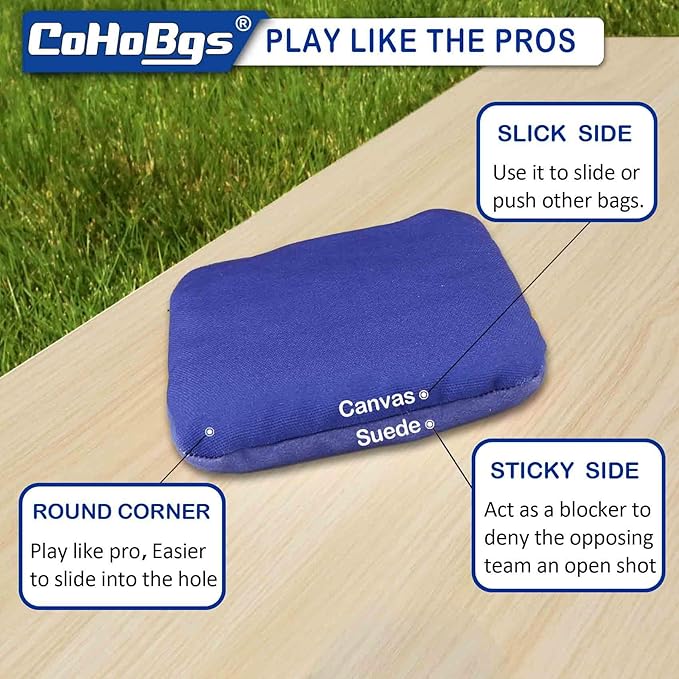 CoHoBgs Corn Hole Bags Set 8, Professional Cornhole Bags Dual-Sided Slick & Stick Resin Filled Suede and Duck Canvas Bean Bag for Cornhole Game Includes Carry Case