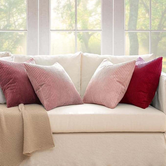 MIULEE Boho Farmhouse Throw Pillow Covers 20x20 Inch Set of 4 Romantic Decorative Cushion Covers Spring Corduroy Home Decor for Feminine Valentines Couch Bed Sofa Living Room Aesthetic Pink