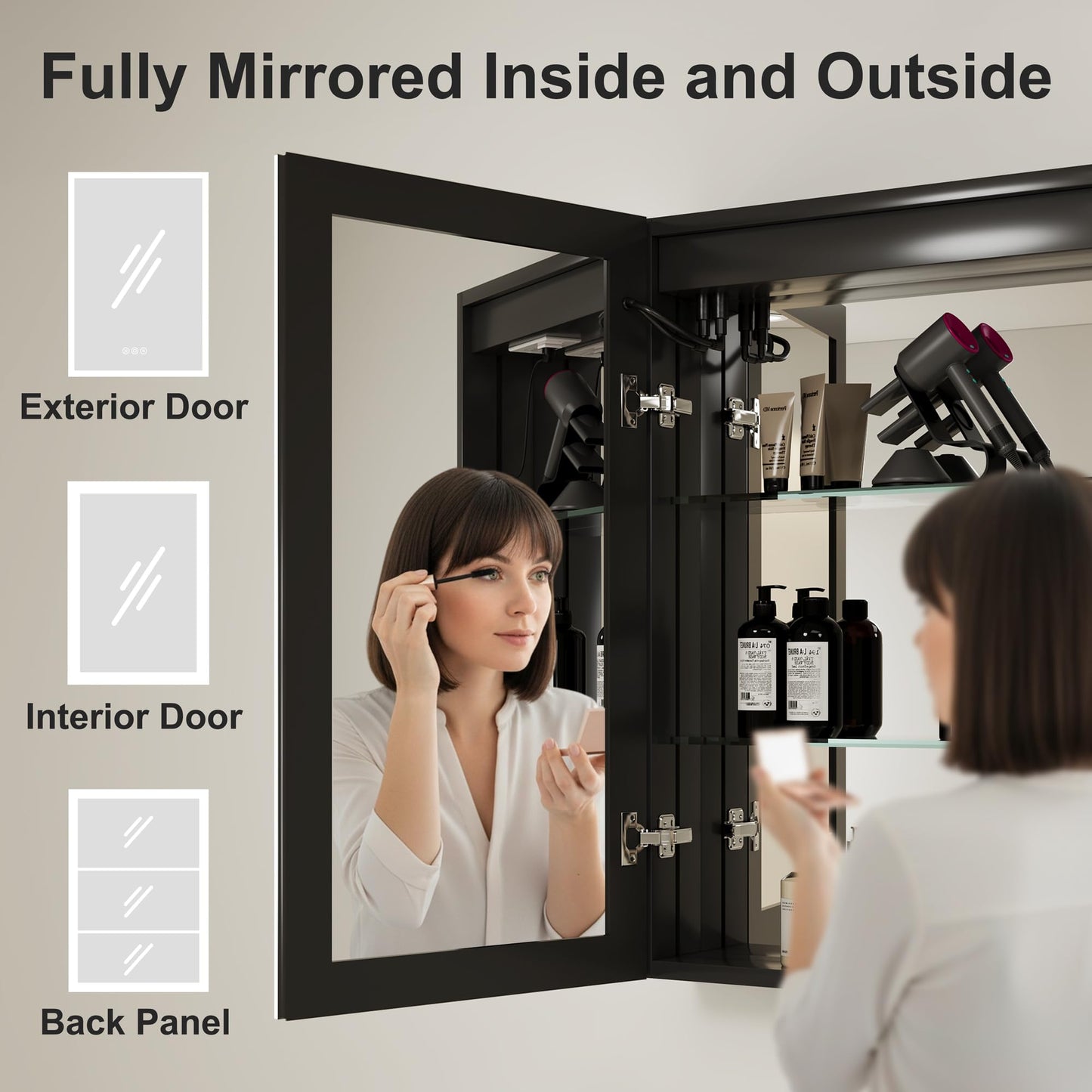 Buruis 40 x 32 Inch Medicine Cabinet with LED Lights and Mirror, Recessed/Wall Mounted Bathroom Cabinet, 3-Color Light, Defogger, Memory Function, Outlet & USB, Dimmer, Black