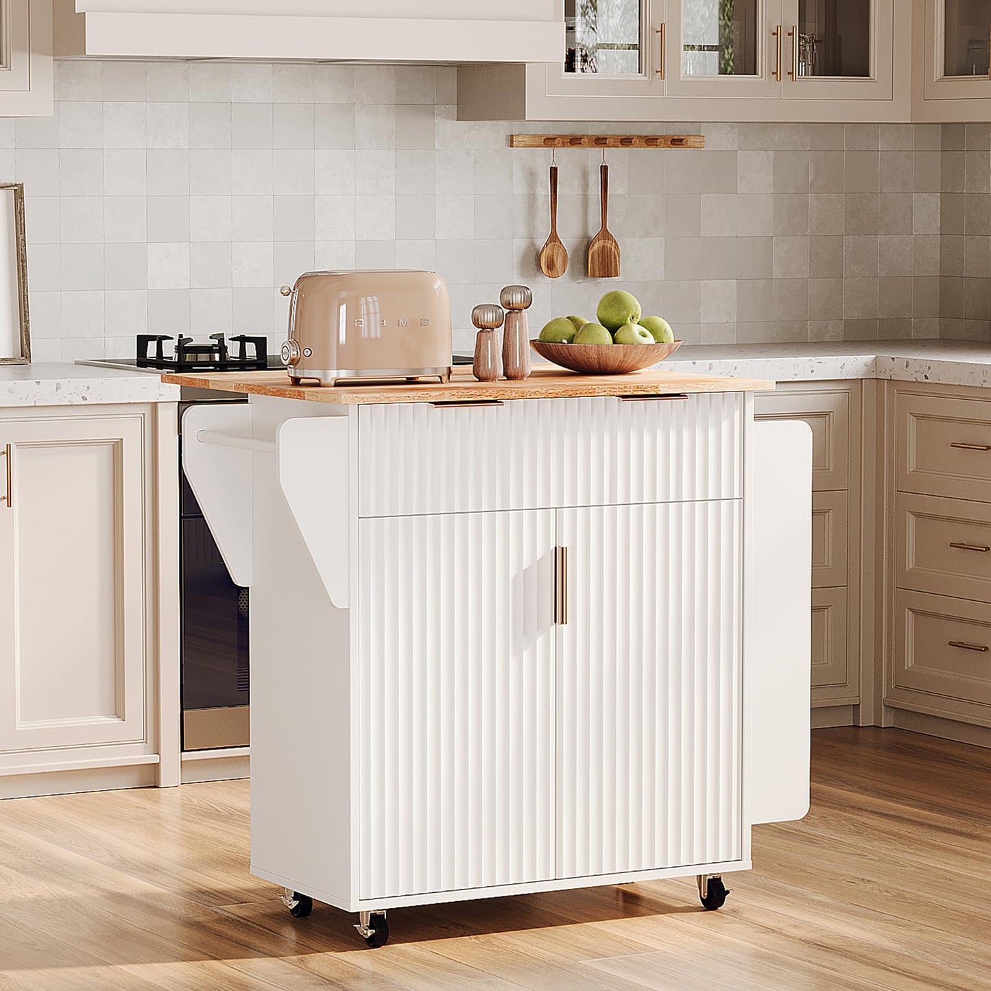 VINGLI Kitchen Island Cart with Storage, Rolling Kitchen Cart on Wheels with Foldable Drop Leaf, 15.35 x 31.15 x 34.45 Inches, Rubber Wood Top, Drawer and Door Cabinet, White