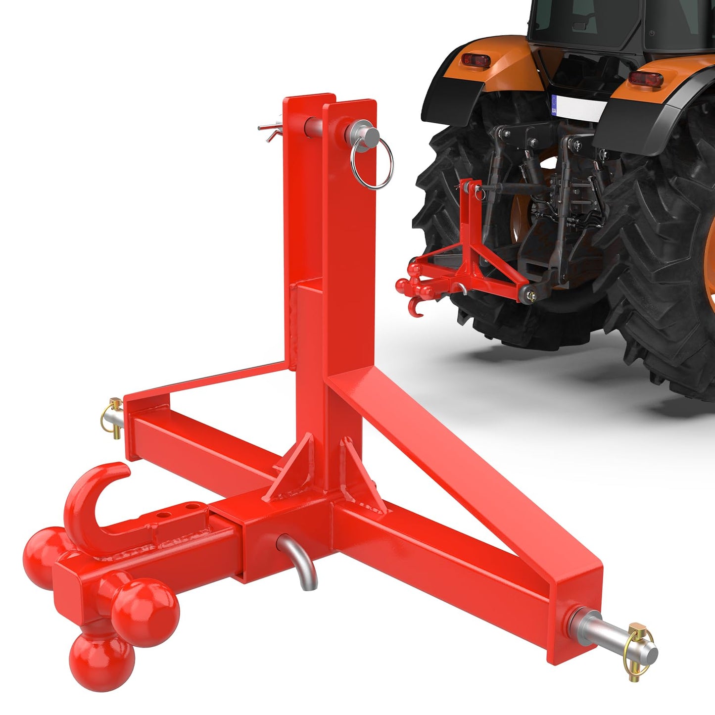 Red 3 Point Trailer Hitch with Receiver and Ball, Tractor Mover Drawbar, Farm Equipment and Subcompact Trailer Hitch for Tractor Standard Category 1