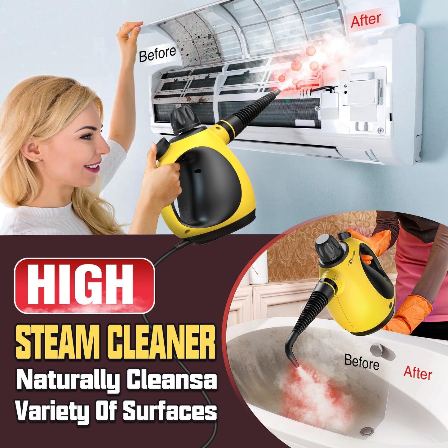 STEAMIFY Pressurized Handheld Steam Cleaner for Home, Multi-Surface Steamer with 12 Accessories, 12.8oz Natural Steamer for Cleaning Car, Bathroom, Shower, Upholstery, Grout, Window, Grease
