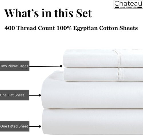 Chateau Home Collection King Size Sheets Set - 100% Egyptian Cotton, 400 Thread Count, Soft & Breathable, White