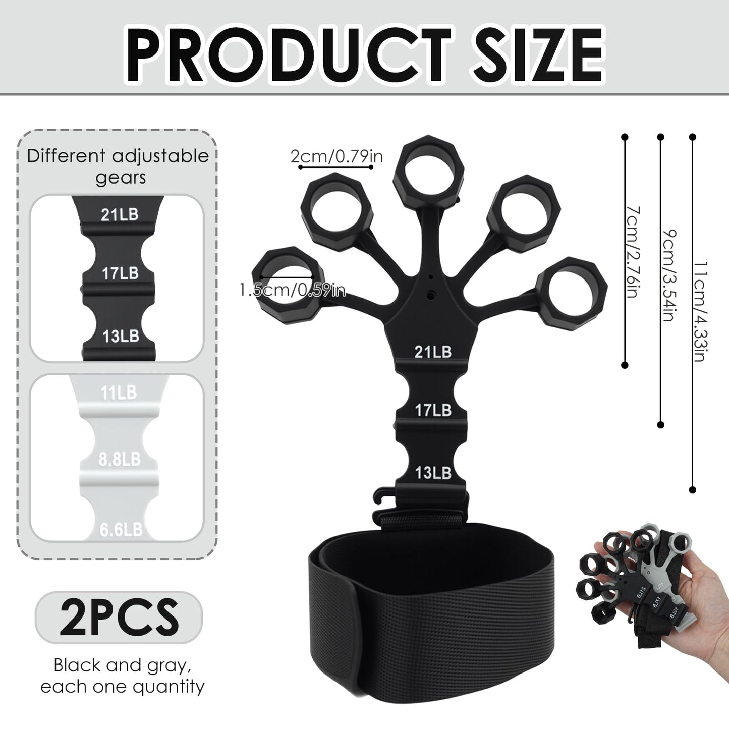 2PCS Grip Strength Trainer, Finger Exerciser, Double Sided Grip Strength Trainer for Rock Climbing and Hand Therapy, Adjustable Finger Extension Exerciser Builds Hand Strength for Relieve Pain(Black+Grey)