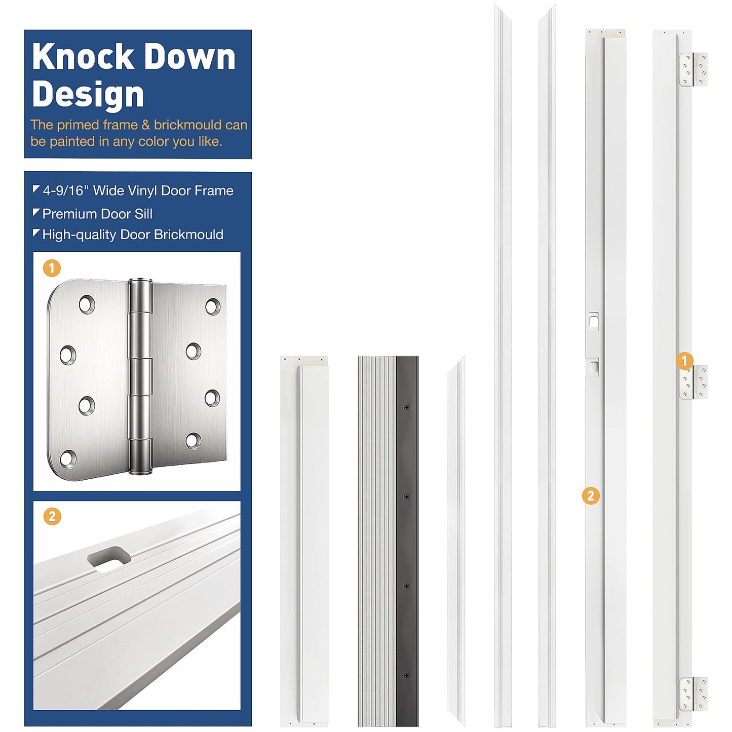 KHSHOW 36 x 80 Fiberglass Entry Door with Brickmould, 4-Lite Frosted Glass - Contemporary Style for Home's Front Entrance, Left Hand Inswing, Vinyl Frame, Primed Knock-Down Entry Door