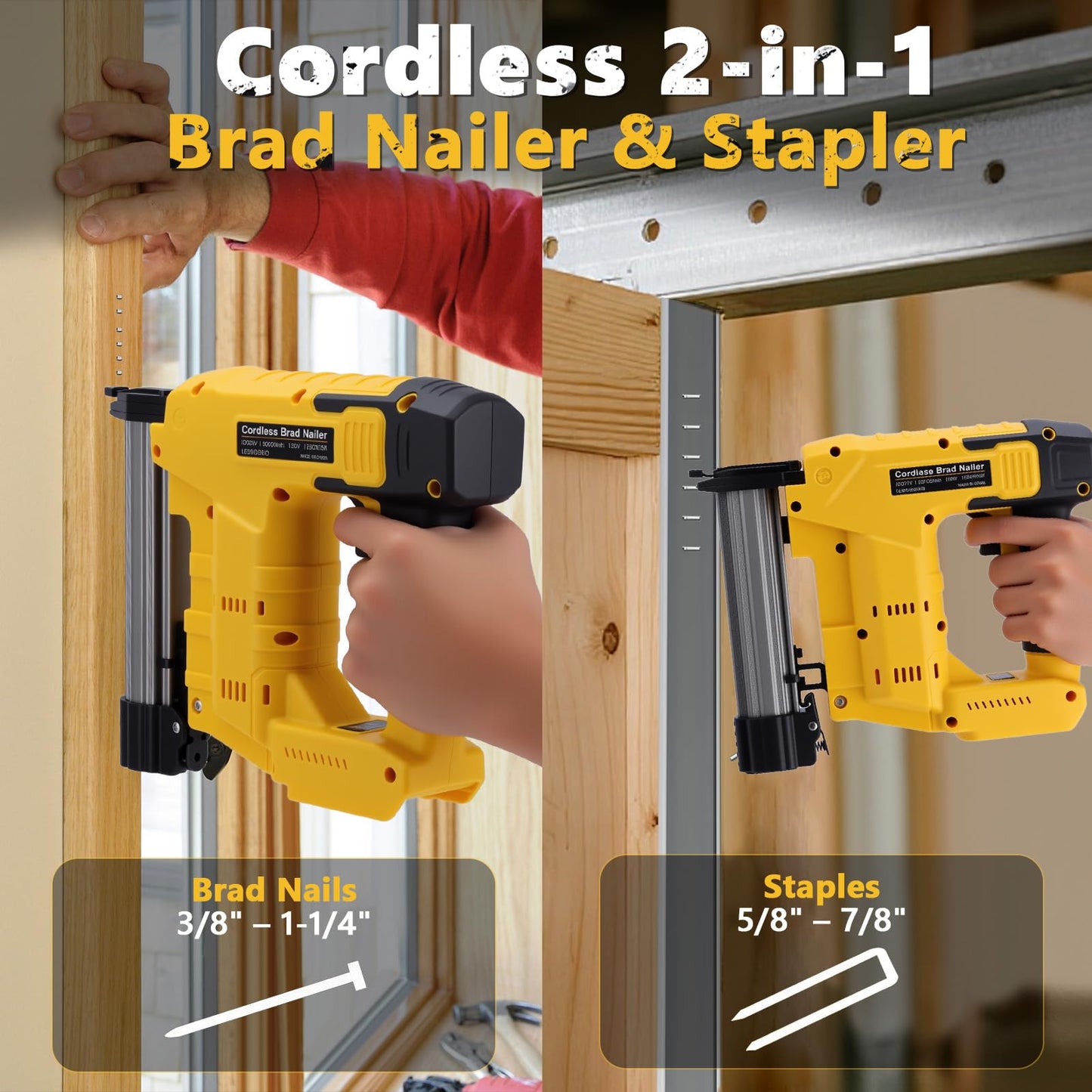 WODHMIEY Cordless 2 in 1 Brad Nailer & Staple, Battery Powered, Compatible with De W alt 20V (No Battery), 18 Gauges, Combo Single Mode, Safety Pin, Includes 400 Nails