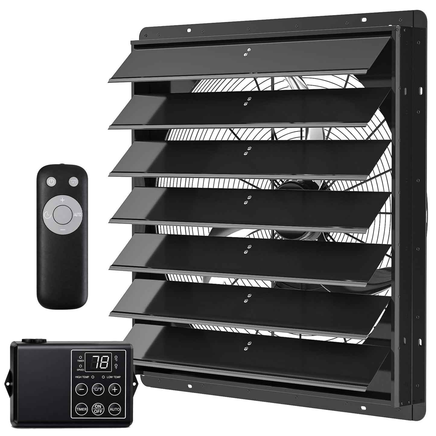 30in Shutter Exhaust Fan with Thermostat,Wall Mounted Attic Ventilation Fan,7000CFM,8m/s,Window Shutter Exhaust Fan with Remote,Controller,3Speed,Timer,All-Metal for Garage,Greenhouse,Attic,Coop,Black