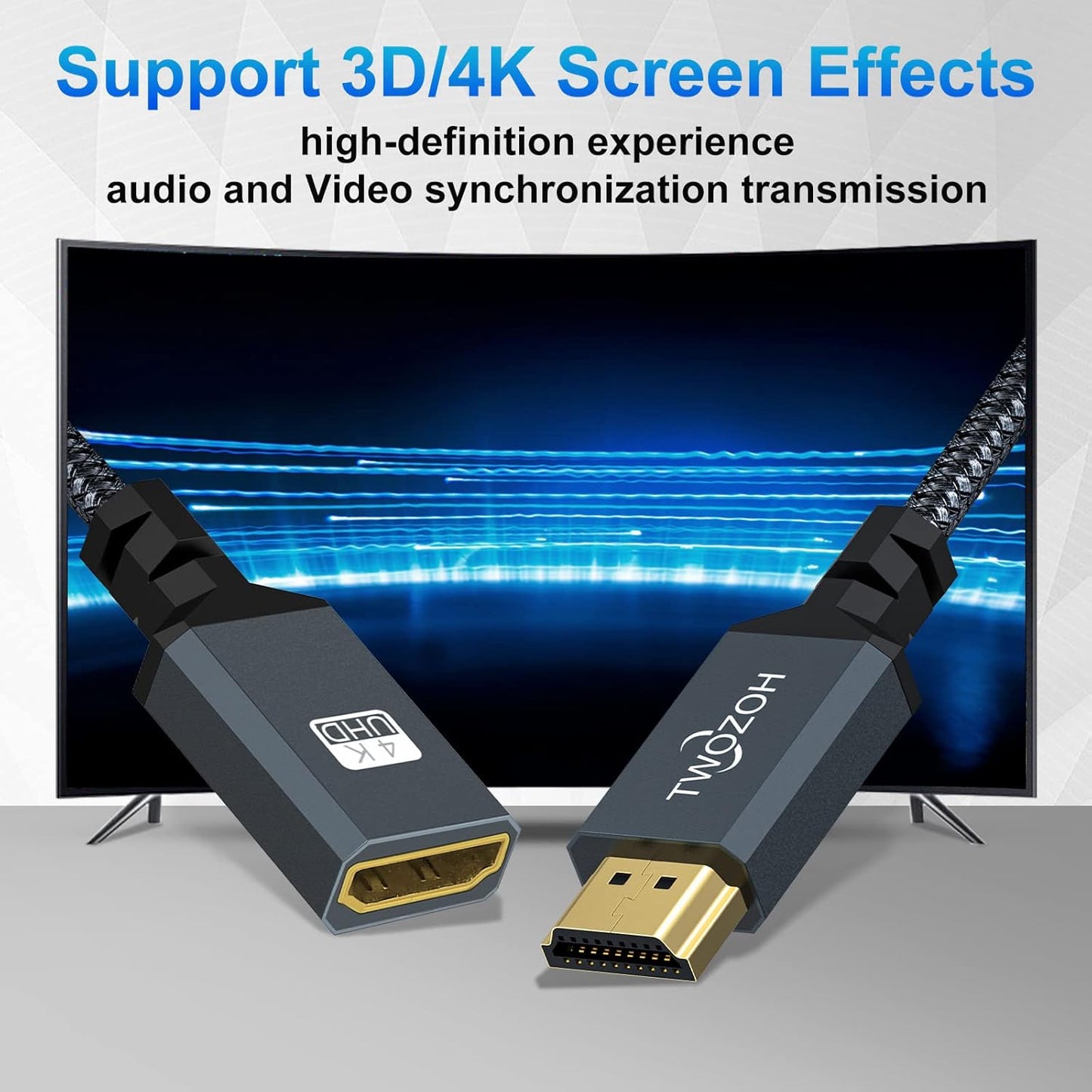 Twozoh 3.3FT 4K@60Hz 3D HDMI Extender, HDMI Male to Female Nylon Braided Cable, HDR Support