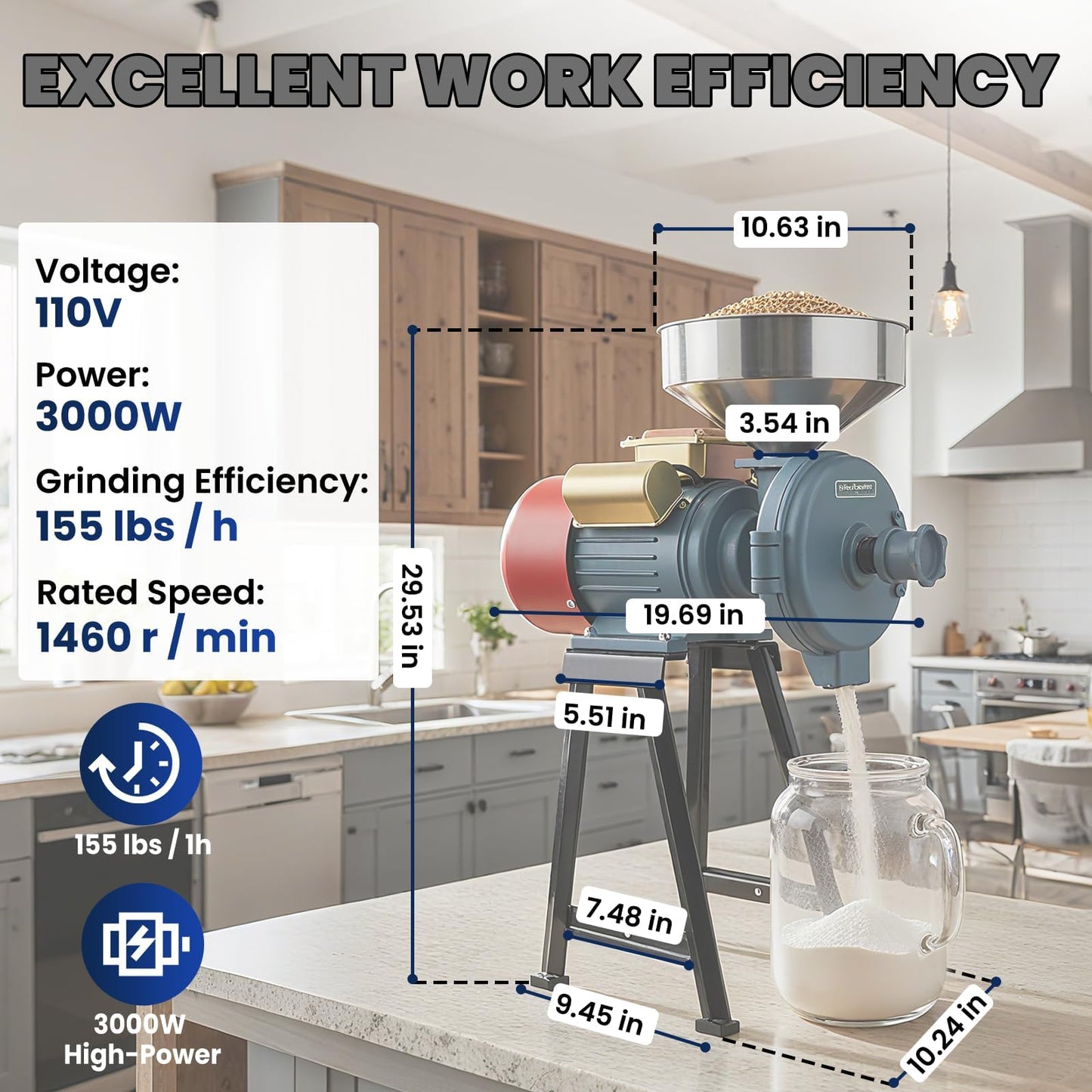 Vohala 3000W Grain Mill Grinder, Commercial Dry Wet Cereals Milling Machine with Cooling Ventilation Hood, Adjustable Thickness Stainless Steel Hopper, for Feed Flour Rice Grinding