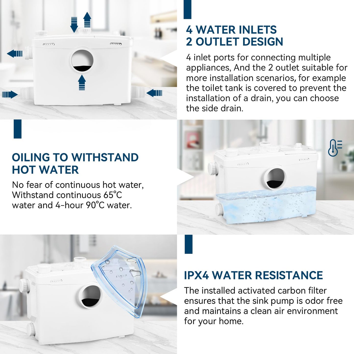 1500W Macerator Pump with Grinding Blade Toilet Pump Utility Sink Pump Upflush to 32.8FT 2800GPH Macerating Toilet System with 4 Water Inlets 2 Outlets for Toilet Sink Shower Laundry Kitchen Basement