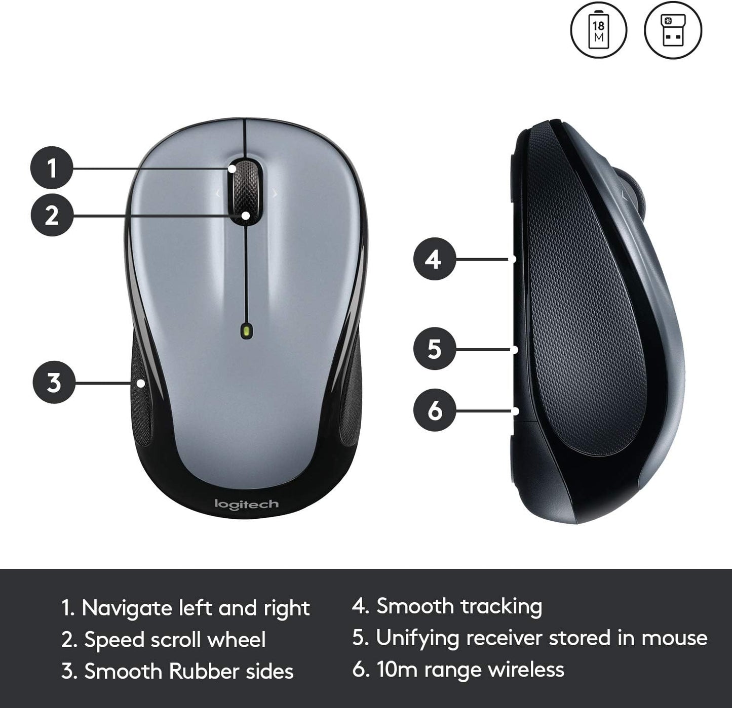 Logitech M325 Wireless Mouse with Designed-For-Web Scrolling - Light Silver