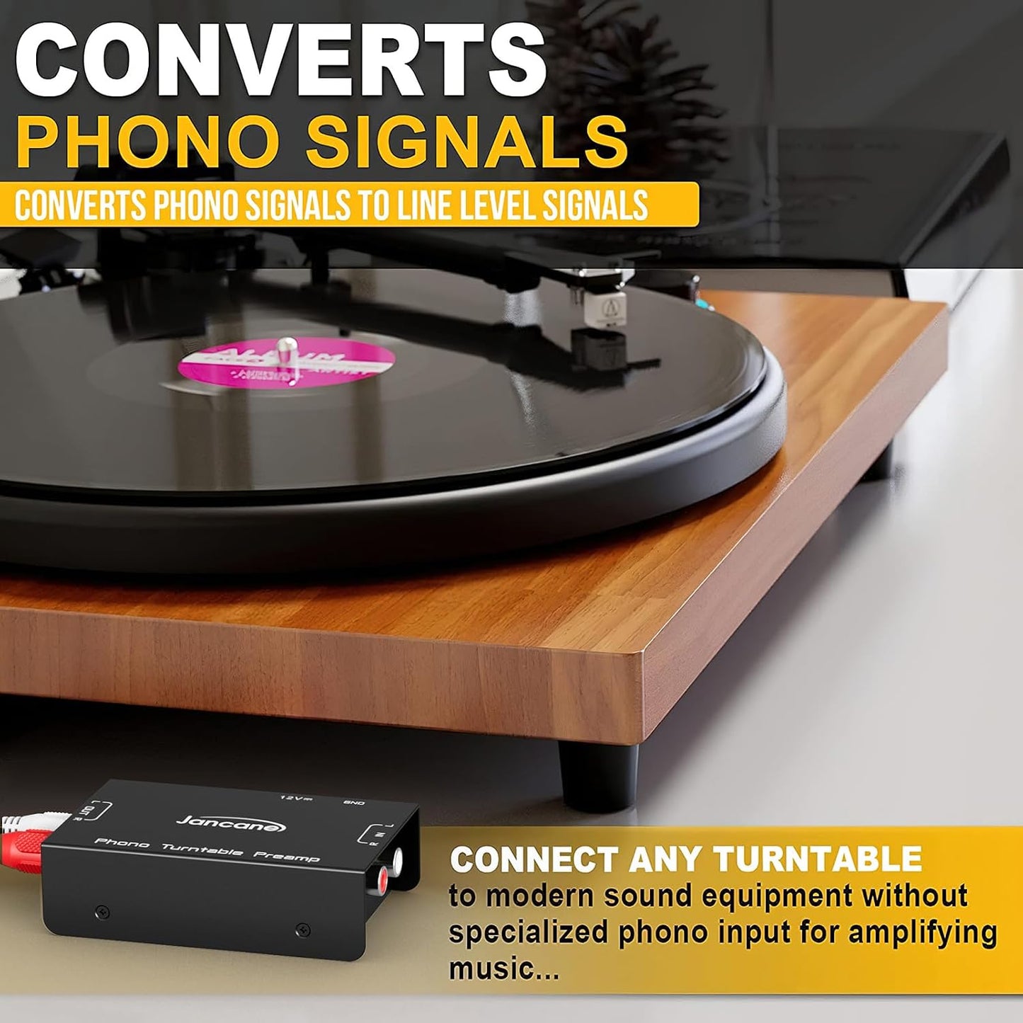 12V Phono Turntable Preamp,Low Noise Stereo Preamplifier with RCA Input/TRS Output, High-Fidelity Audio with DCAdapter