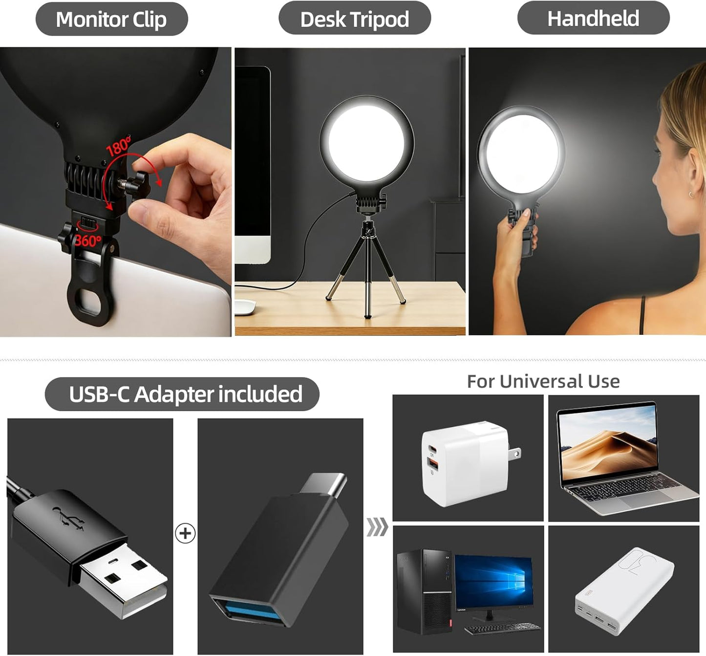 Yolulaya 6in Dimmable 3200K-6500K Computer Video Conference Lighting for Zoom: Ring Light with Monitor Clip & Desk