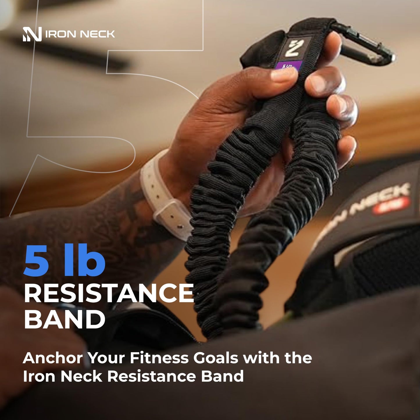 Iron Neck Resistance Band - Durable Exercise Band with Steel Carabiners for Neck Trainer, Exerciser, & Strengthener - Training, Strength Workouts, Stretching, & Rehab - Home Gym Accessories - 5 lbs.