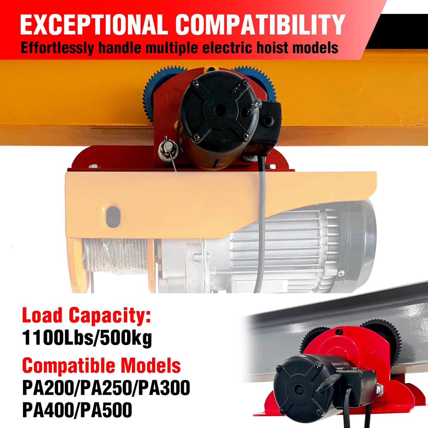 Electric Trolley for Power Hoist 1100LBS Capacity,Fit 2.68-4.33 in I-Beam,Push Geared Overhead Crane Heavy Duty Wheels System for PA200 to PA500 Hoists,Perfect for Gantry Cranes,Warehouses