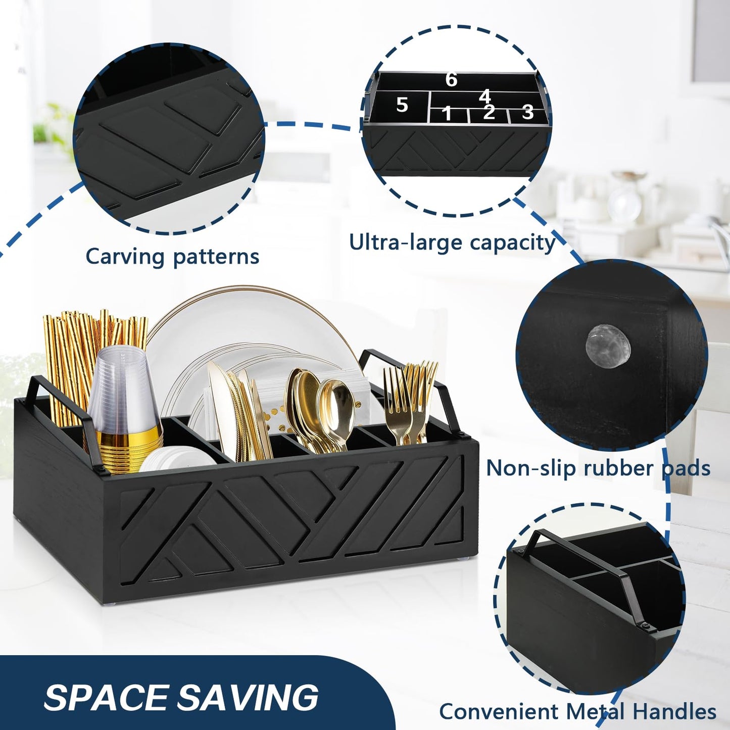 Ukonvi Paper Plate Dispenser and Holder for Kitchen Counter, Wood Rustic Silverware Utensil Caddy, Cutlery Flatware Organizer Box for Cups Spoons Forks Napkins, Kitchen Accessories