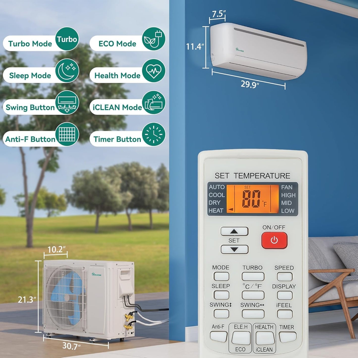 YITAHOME 24000 BTU Mini Split Air Conditioner Heat Pump System, Wifi Enabled 18.5 SEER2 208-230V Inverter Ductless AC Cool Up to 1500 Sq. Ft, Compatible with Alexa, Complete Installation Kit, White