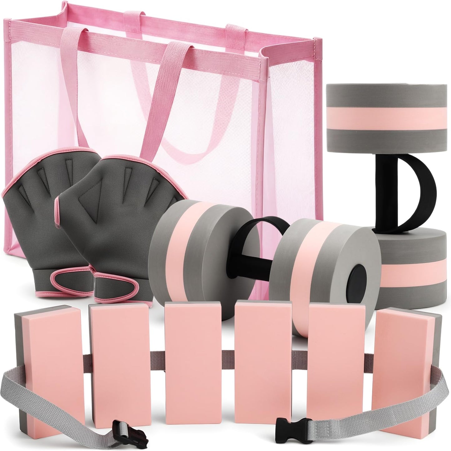 WinnerWhy 6 Pcs Aquatic Exercise Set Water Aerobic Equipment Large Mesh Beach Bag Pool Fitness Equipment Foam Dumbbell with Handle Strip Swimming Belt Gloves for Aquatic Fitness Weight Loss(Pink)