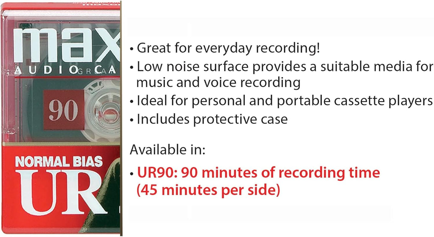 Maxell 90 Cassette 90 5 Pack UR Normal Bias Blank Audio Recording Tape, Low Noise, Minute Recording Time