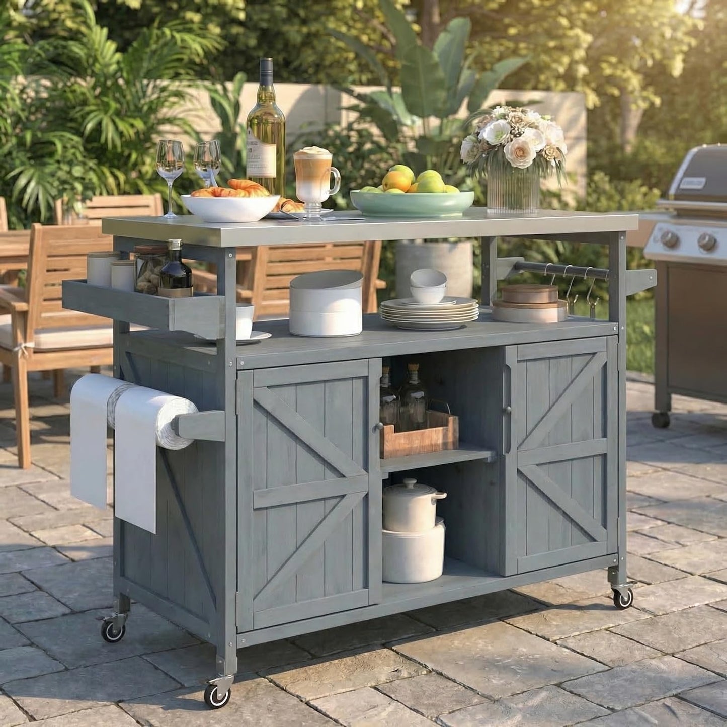 50.25" Outdoor Kitchen Island with Wheels for Food Prep, Strage, Bar, Rolling Outdoor Grill Table for Outside, Outside Cooking Table, Grill Carts, Cooking Station, Modular, Solid Wood, Grey Blue