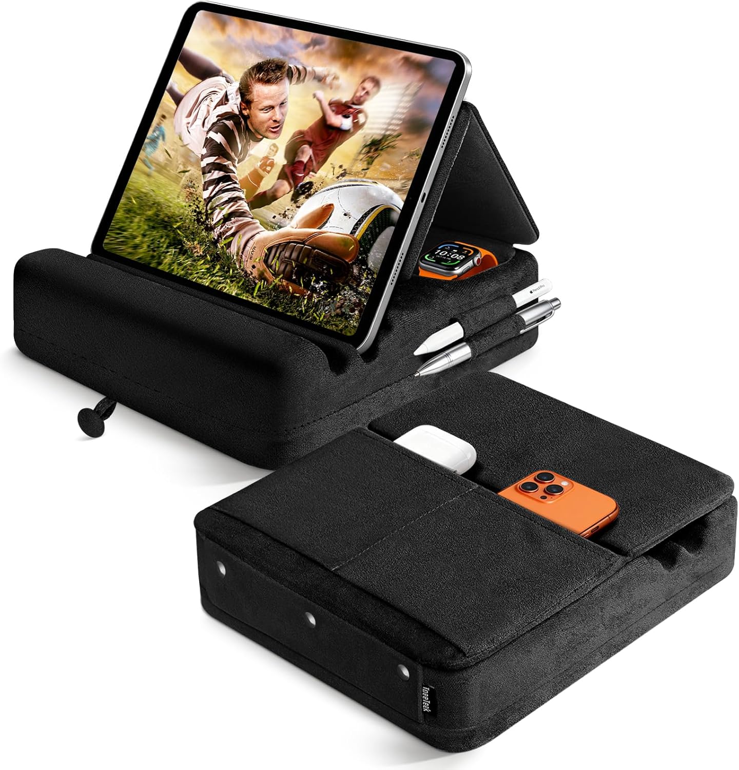 TpeeTeek 4-13" Tablet Pillow Stand with Storage, Foldable iPad Holder for Lep, Bed, Sofa, and Desk - Soft Pad Dock