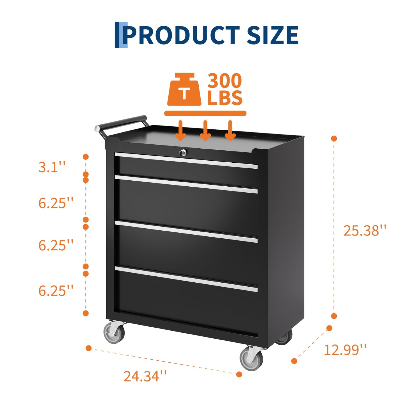 Garvee Rolling Tool Chest, 4 Drawers Tool Storage Cabinet, Toolbox with Wheels, Portable Tool Cabinet Organizer with Locking System & Drawer Liners, Tool Storage Cart for Garage, Workshop, Black