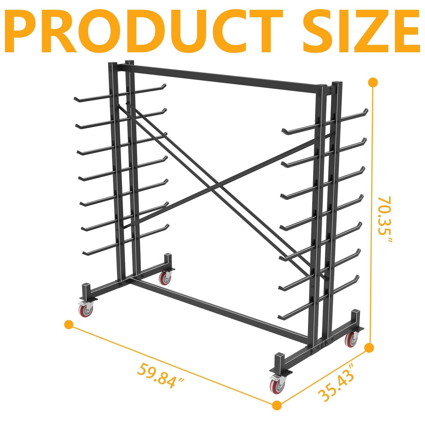 Lumber Storage Rack, 2000lbs Heavy Duty Freestanding Pipe Rack with 7 Tiers, Double-Sided Wood Storage Shelves with 4 Silent Casters, for Garage Workshop Basement, 59.84"L x 35.43"W x 65.74"H, Black