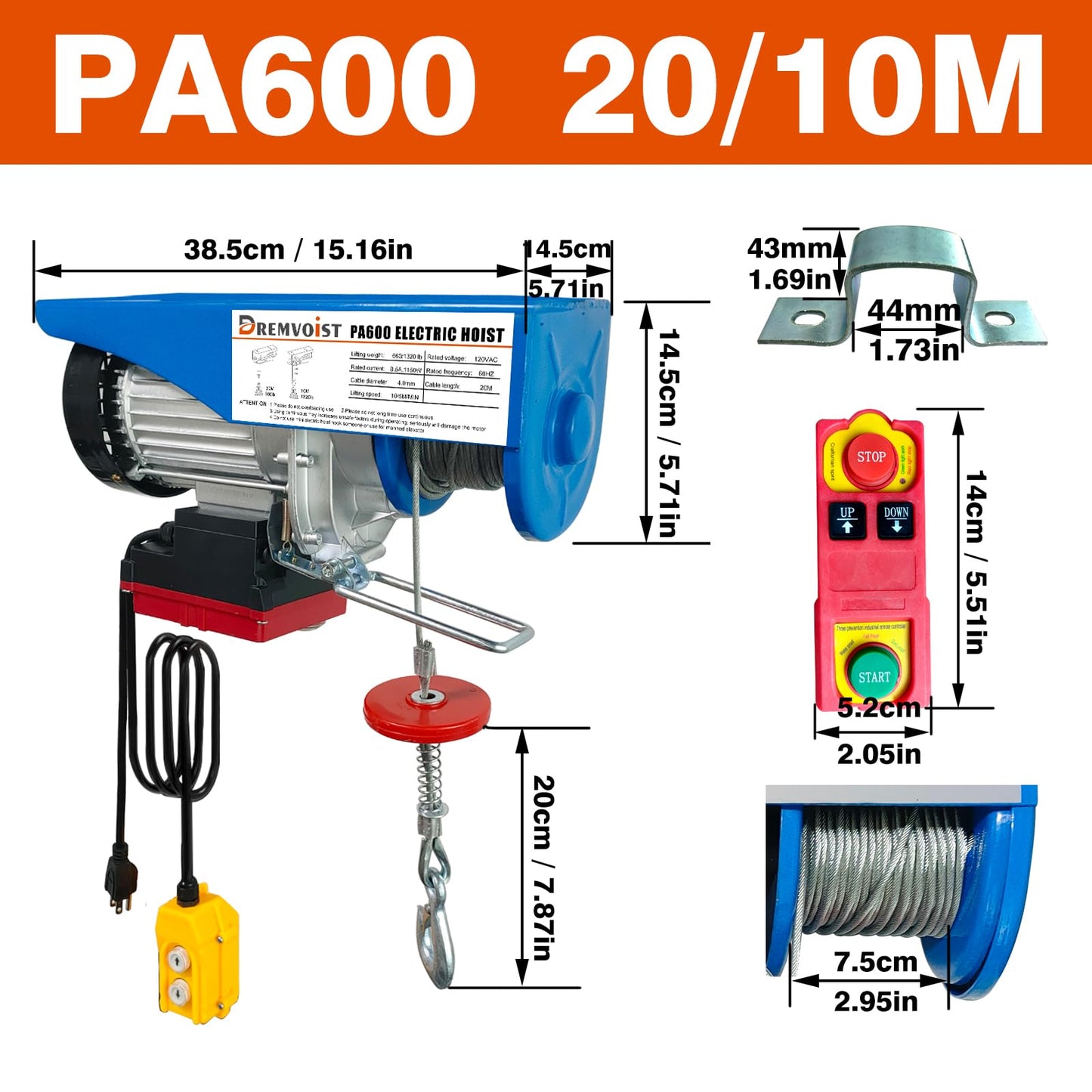 Dremvoist Electric Hoist,1320lbs Electric Hoist with Remote Control,110v Electric Hoist Winch Wireless/Wired 2 in 1,33/66FT Lifting Height,for Construction Site,Factories,Garage,Warehouses, Attic