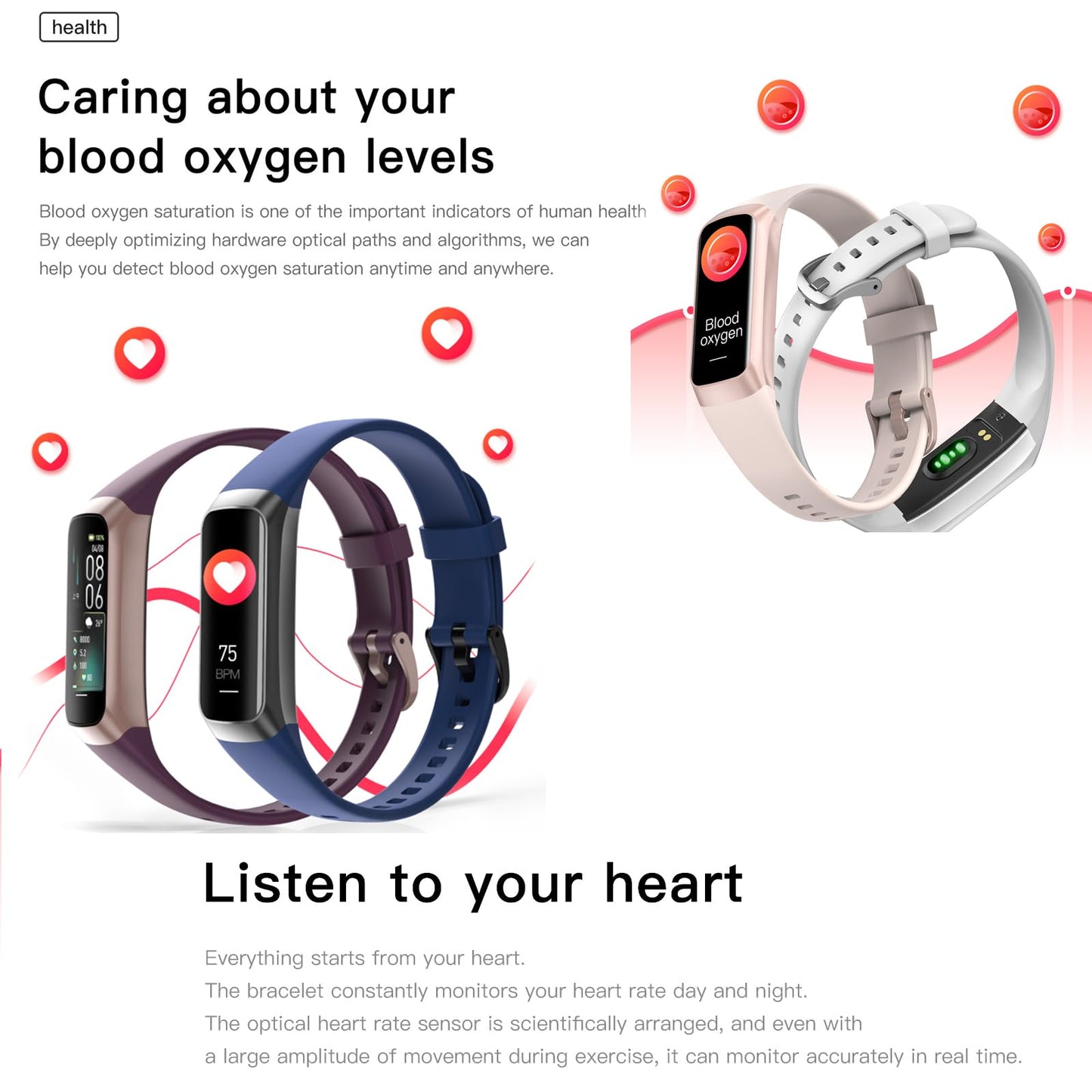 Keep Health Fitness Trackers For Women Men Amoled Step Counter Slim Thin 25 Sports Modes With Heart Rate Blood Pressure Monitor Alarm Stopwatch Timer Calories Burned IP68 Step Tracker Watch