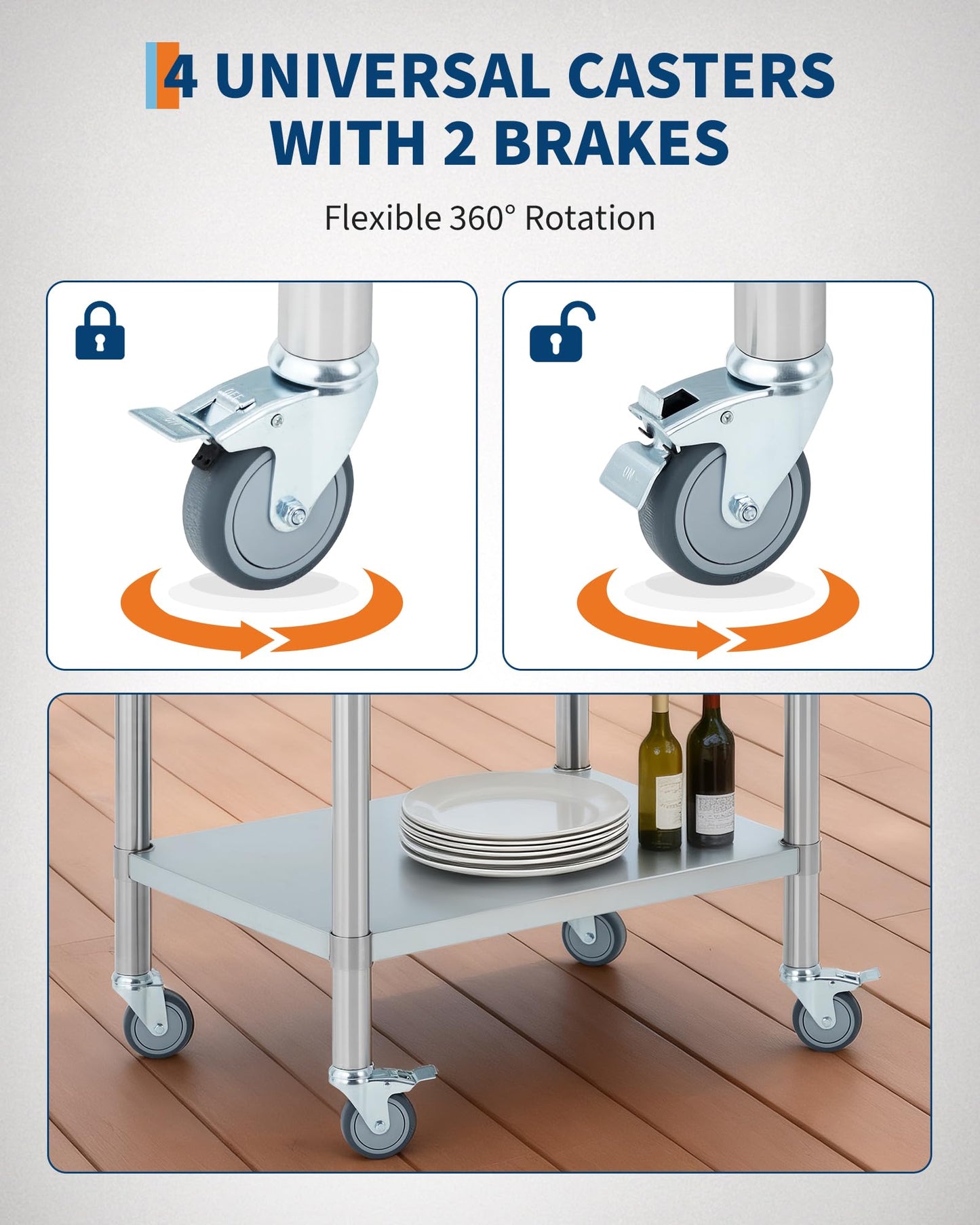 Garvee Stainless Steel Table for Prep & Work, 24x30x34 Inch Commercial Kitchen Worktable with 4 Caster Wheels & 2 Adjustable Under Shelf, Heavy Duty Metal Food Prep Table for Restaurant Garage Outdoor