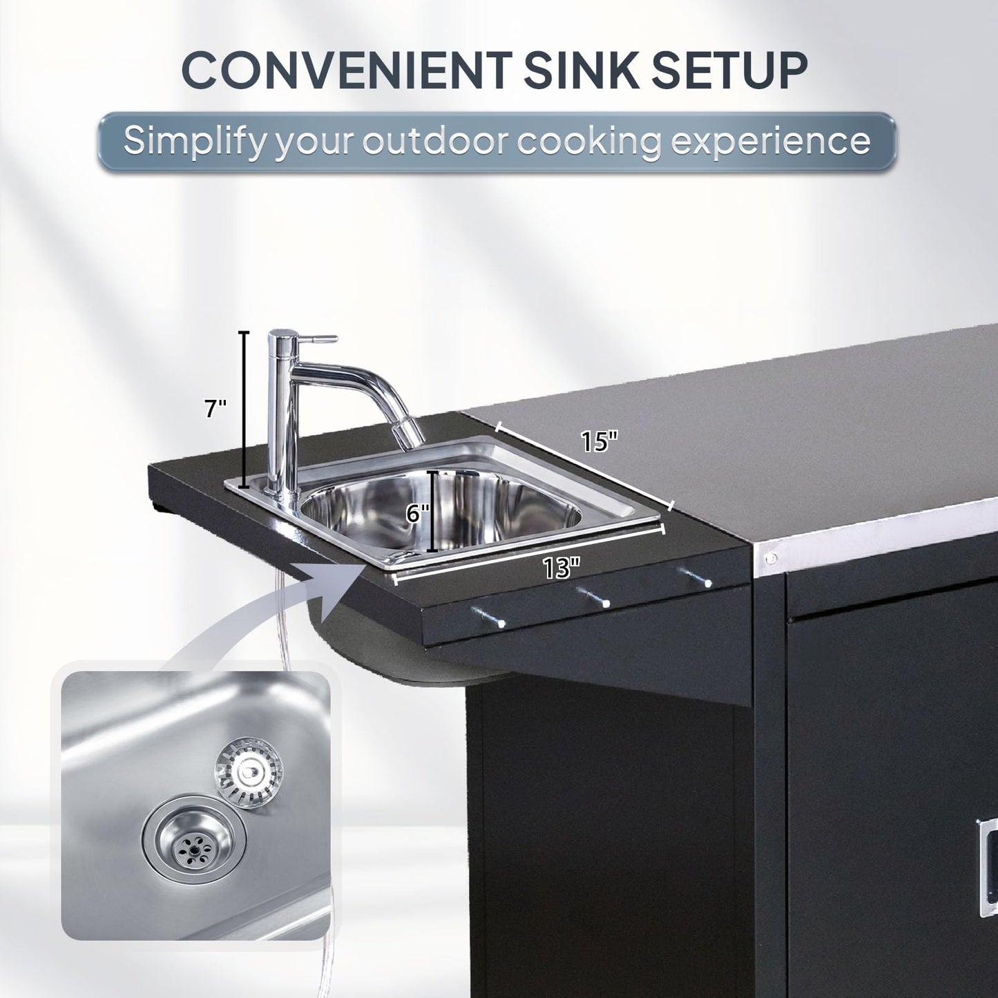 ROVSUN Outdoor Grill Cart with Sink, 304 Stainless Steel Sink with Chilly Bin Cooler, Rolling Kitchen Prep Island with Cabinet, Bottle Opener, Rubbish Rack, Patio, Gardens, Backyards