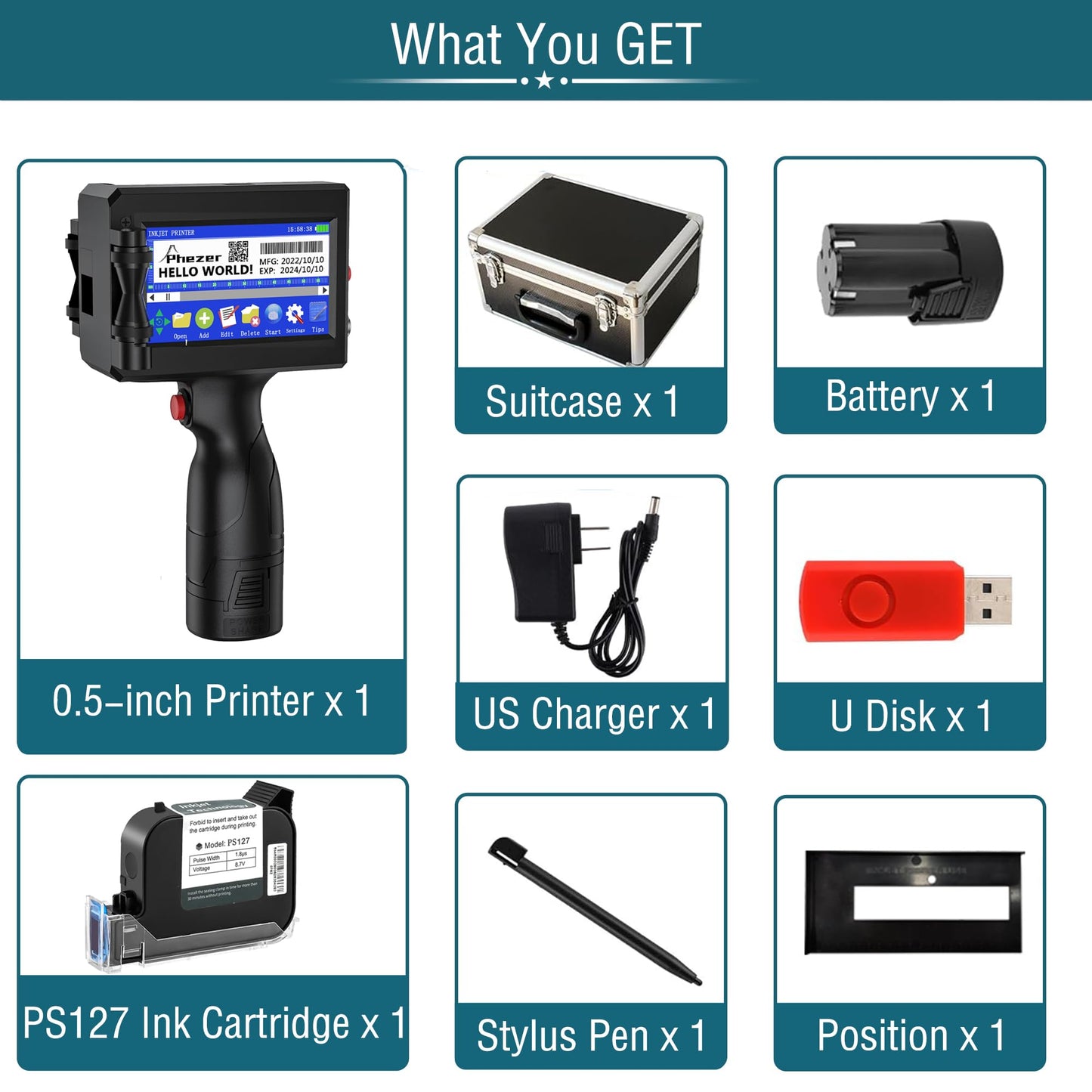 Phezer Handheld Inkjet Printer Gun P15U with PS127 Quick-Drying Ink Cartridge, 0.5inch Portable Handheld Printer for Text/Barcode/Logo/QR/Counter/Number/Date (with Suitcase)