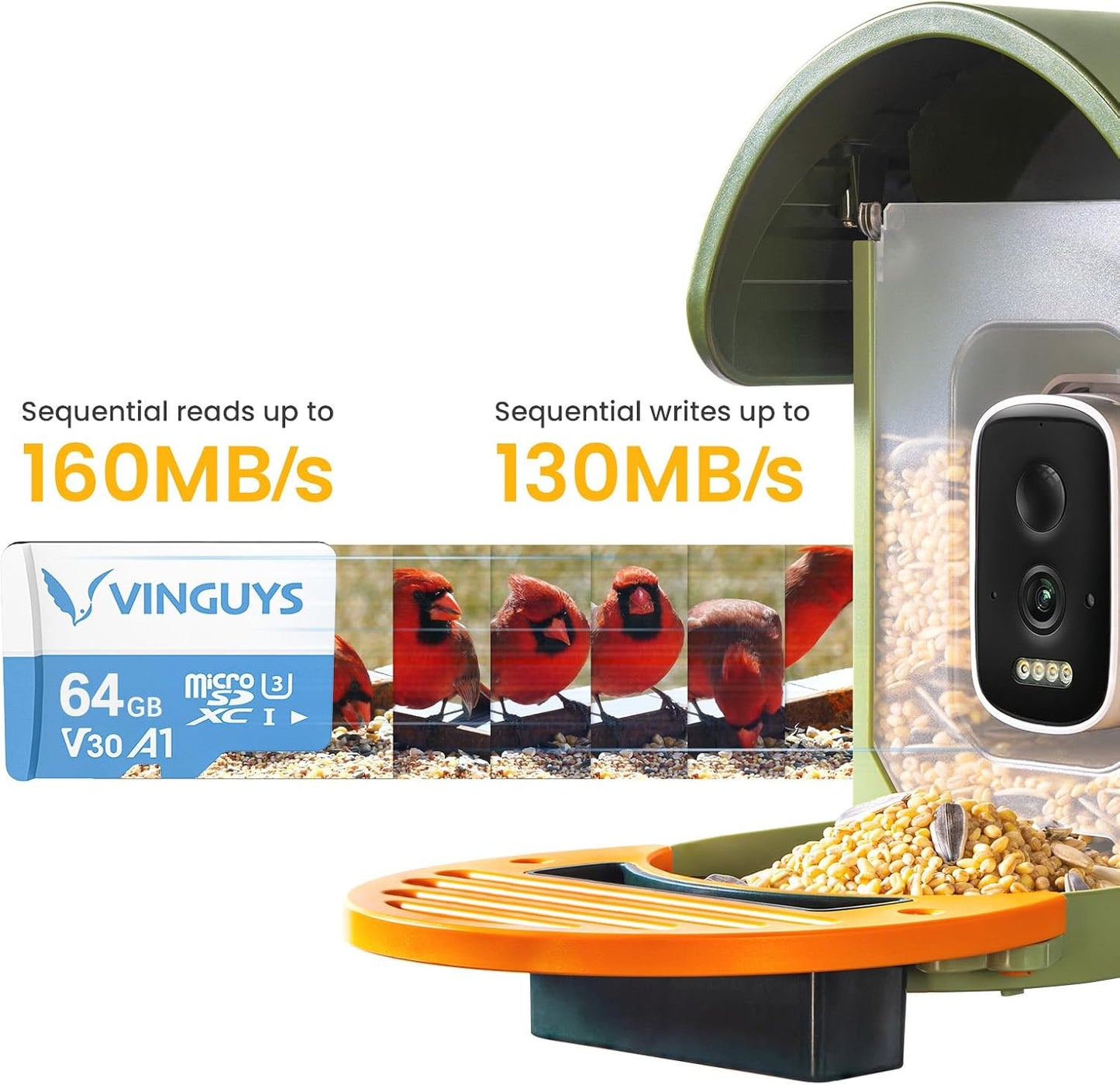WLNYUGS 64GB 4K to100MB/s, U3, V30, A1, TF Card, No Cloud Subscription Needed Anymore, Ideal for Bird Feeder Camera, Up